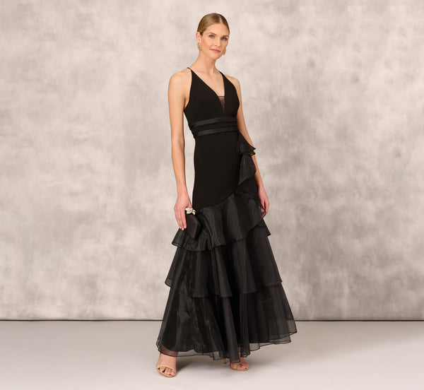 adrianna papell Tiered Trumpet Dress With Ruffles In Black