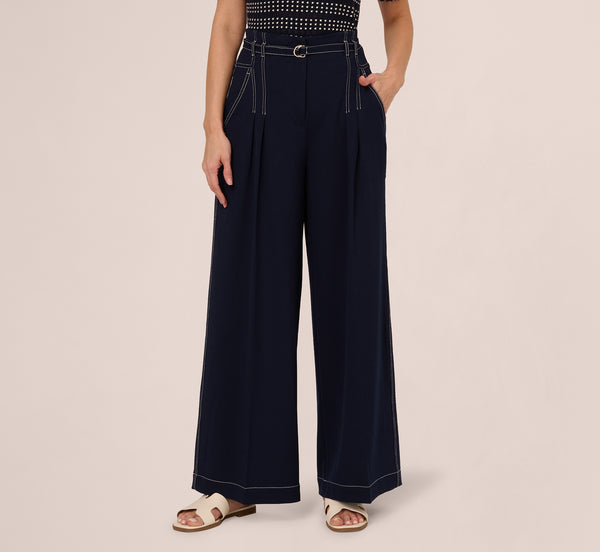 Adrianna Papell Topstitch Wide Leg Paperbag Pant With Belt In Navy Ivory