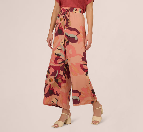 Adrianna Papell Tropical Floral Print Wide Leg Pants With Drawstring Waist In Deepburgundylargesunsetfloral