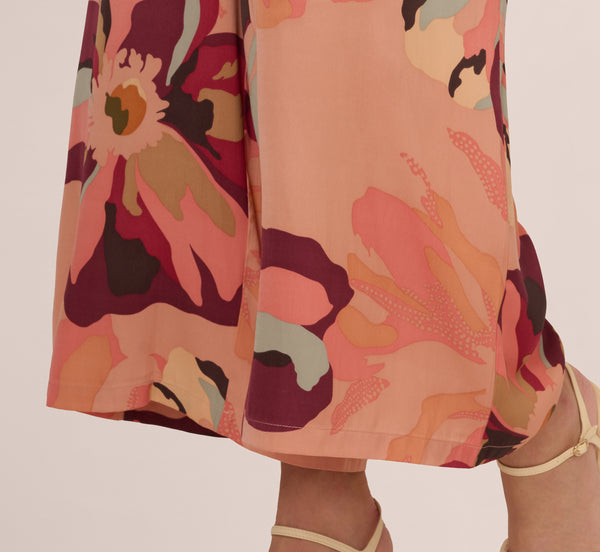 Adrianna Papell Tropical Floral Print Wide Leg Pants With Drawstring Waist In Deepburgundylargesunsetfloral