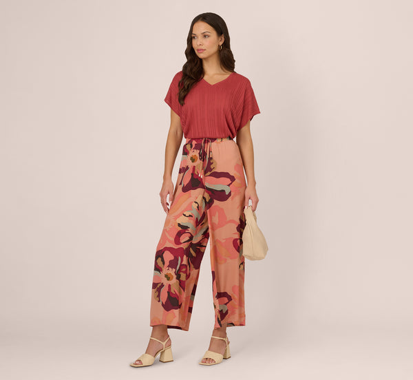 adrianna papell Tropical Floral Print Wide Leg Pants With Drawstring Waist In Deepburgundylargesunsetfloral
