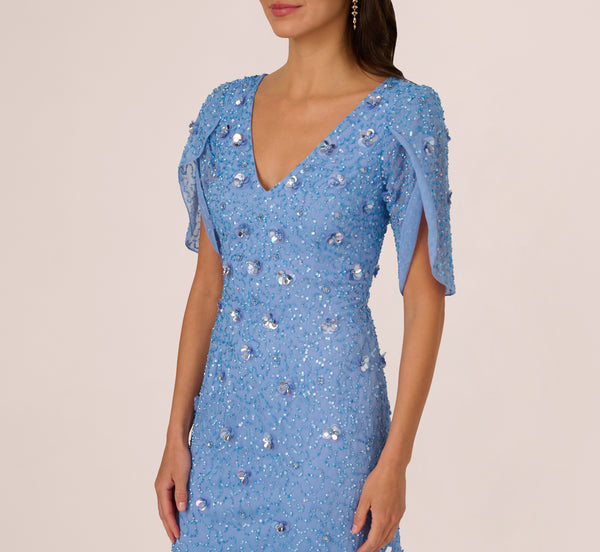 Adrianna Papell Tulip Sleeve 3D Floral Beaded Mermaid Dress In Bluebell
