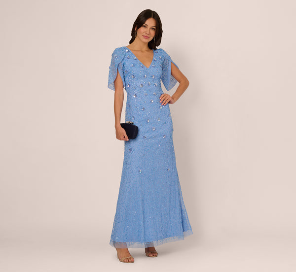 adrianna papell Tulip Sleeve 3D Floral Beaded Mermaid Dress In Bluebell