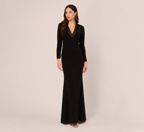 Adrianna Papell Tuxedo Mermaid Gown With Long Sleeves In Black