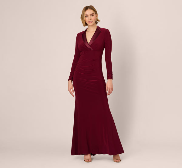 Adrianna Papell Tuxedo Mermaid Gown With Long Sleeves In Red Wine