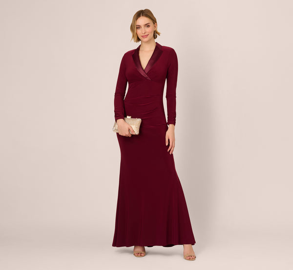 adrianna papell Tuxedo Mermaid Gown With Long Sleeves In Red Wine