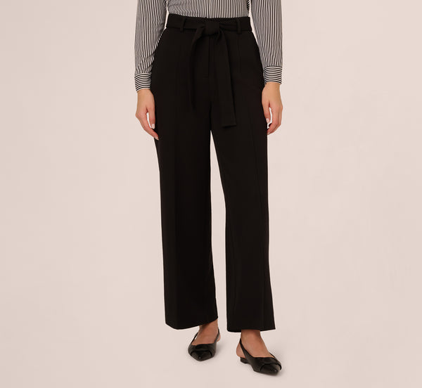 Adrianna Papell Twill Zip Fly Belted Wide Leg Pant In Black