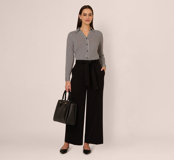 adrianna papell Twill Zip Fly Belted Wide Leg Pant In Black adrianna papell Twill Zip Fly Belted Wide Leg Pant In Black