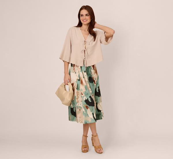 Adrianna Papell V Neck Bell Sleeve Tie Front Top In Pebble