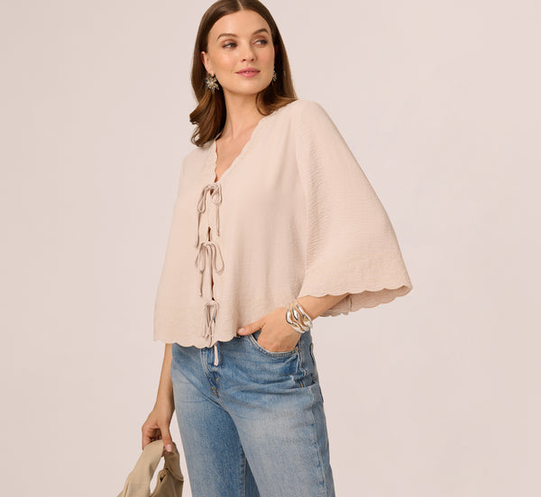 adrianna papell V Neck Bell Sleeve Tie Front Top In Pebble