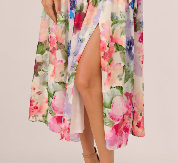 Adrianna Papell V Neck Floral Chiffon Midi Dress In Ivory Multi
