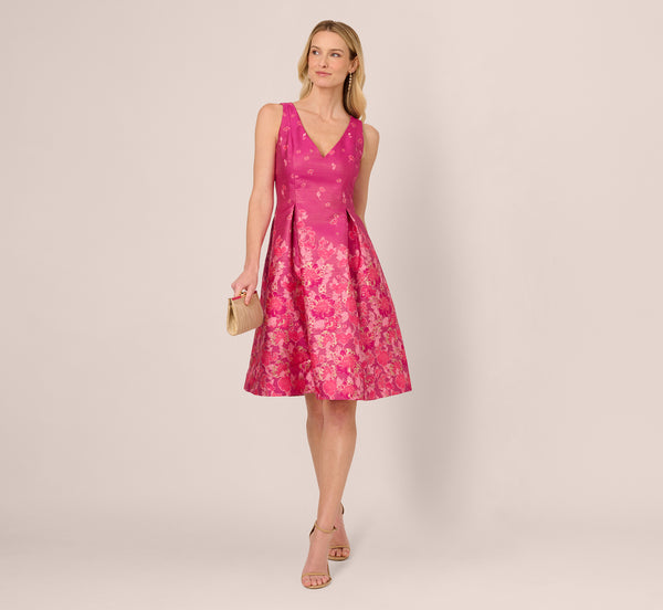 Adrianna Papell V Neck Floral Hem Jacquard Midi Dress In Pink Multi