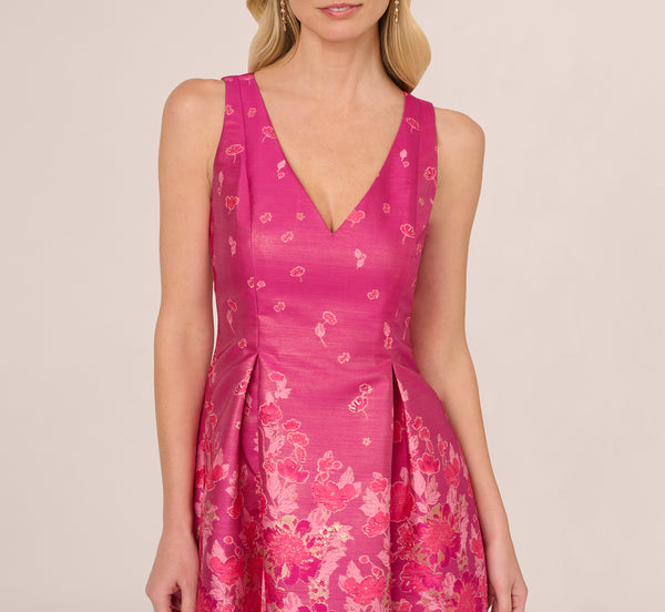 Adrianna Papell V Neck Floral Hem Jacquard Midi Dress In Pink Multi