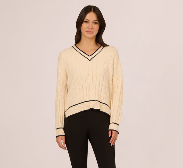 Adrianna Papell V Neck High Low Cable Knit Sweater In Cream Blue Moon