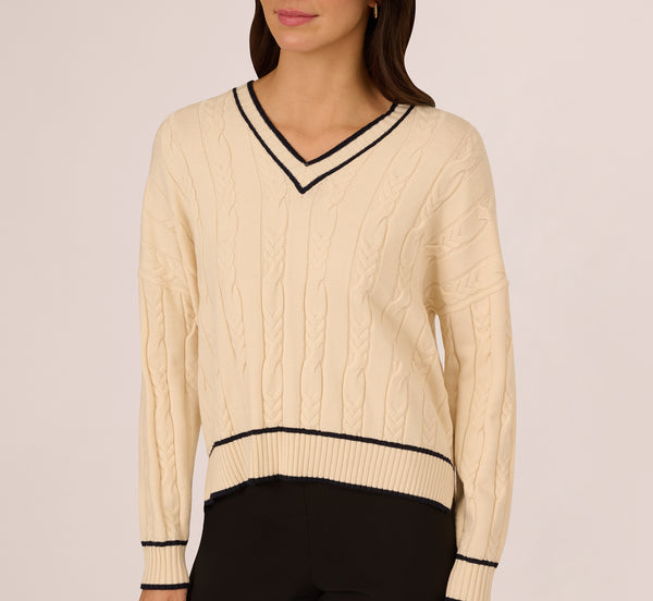 Adrianna Papell V Neck High Low Cable Knit Sweater In Cream Blue Moon