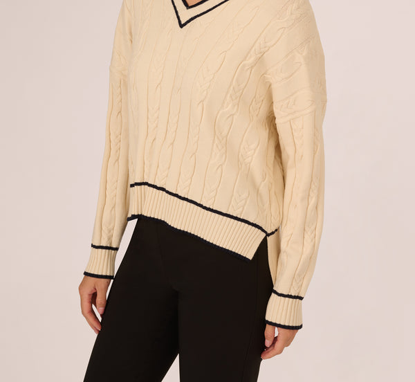 Adrianna Papell V Neck High Low Cable Knit Sweater In Cream Blue Moon