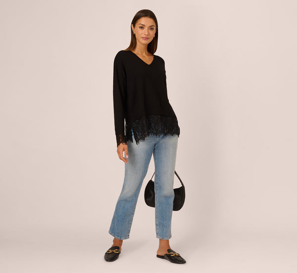 Adrianna Papell V Neck Lace Combo Twofer Sweater In Black