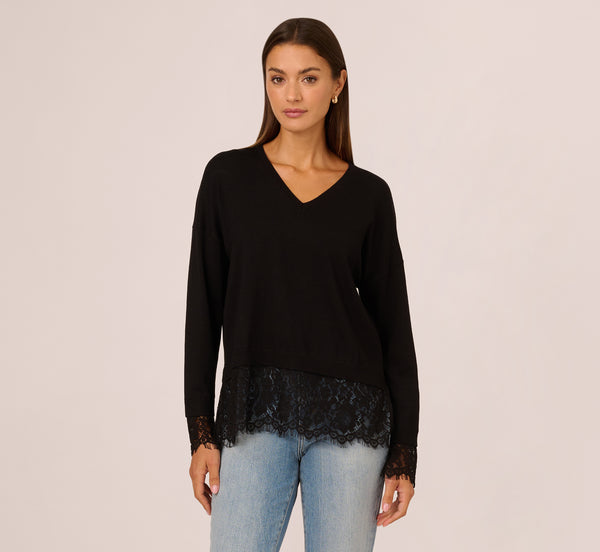 Adrianna Papell V Neck Lace Combo Twofer Sweater In Black
