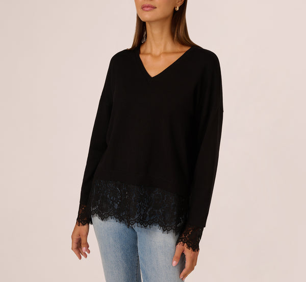 Adrianna Papell V Neck Lace Combo Twofer Sweater In Black