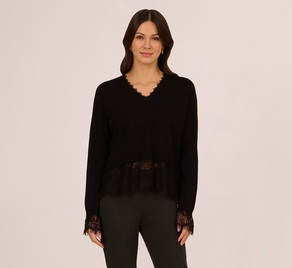 Adrianna Papell V Neck Lace Trim Twofer Sweater In Black