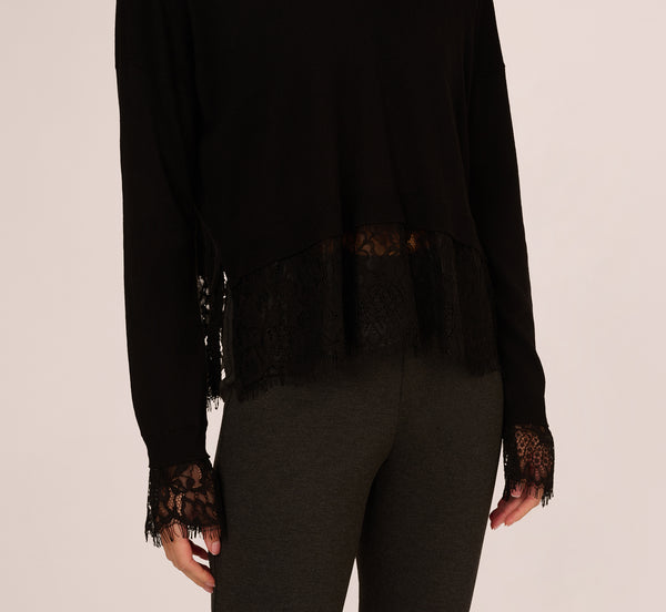 Adrianna Papell V Neck Lace Trim Twofer Sweater In Black