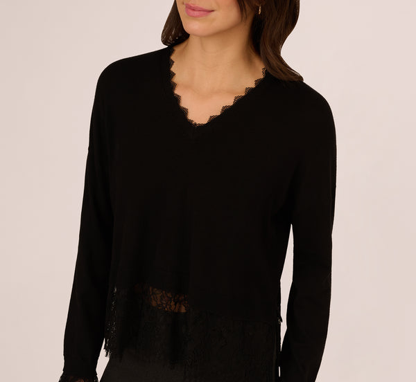 Adrianna Papell V Neck Lace Trim Twofer Sweater In Black