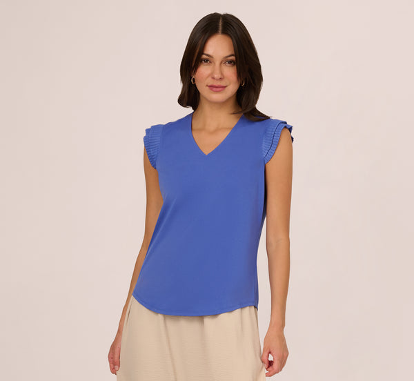 Adrianna Papell V-Neck Top With Pleated Flutter Sleeves In Amparo Blue