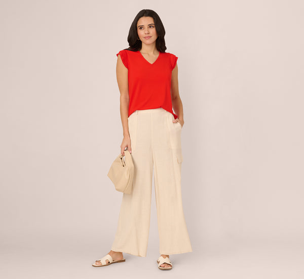 Adrianna Papell V-Neck Top With Pleated Flutter Sleeves In Valiant Poppy