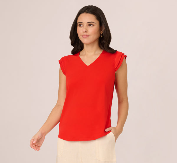 Adrianna Papell V-Neck Top With Pleated Flutter Sleeves In Valiant Poppy