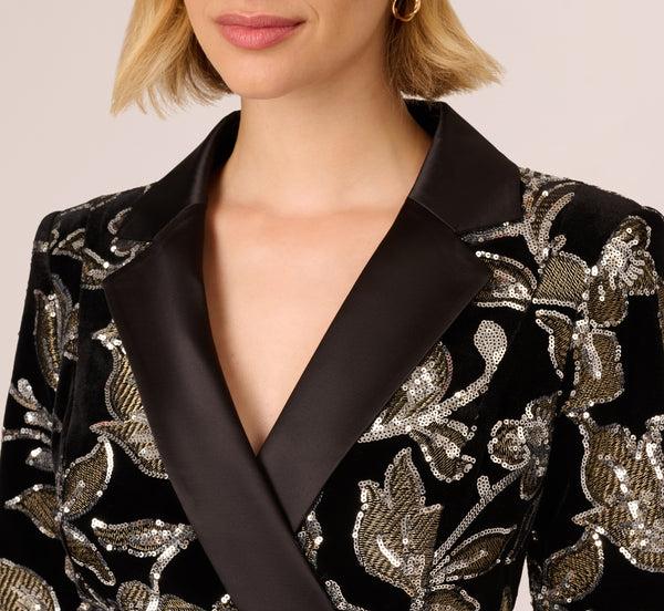 Adrianna Papell Velvet Blazer Short Dress In Black Silver