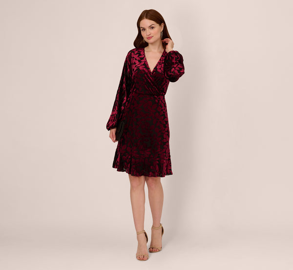 Adrianna Papell Velvet Burnout Faux Wrap Dress With Long Bishop Sleeves In Burgundy Black