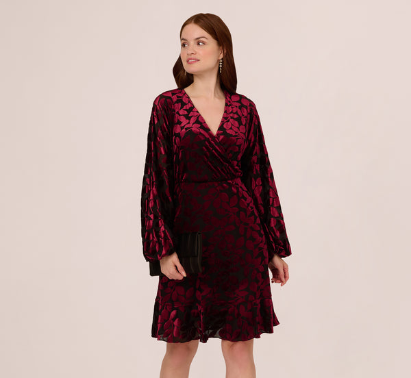 Adrianna Papell Velvet Burnout Faux Wrap Dress With Long Bishop Sleeves In Burgundy Black