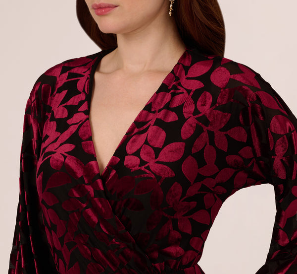 Adrianna Papell Velvet Burnout Faux Wrap Dress With Long Bishop Sleeves In Burgundy Black