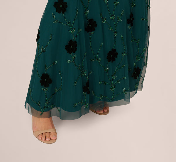 Adrianna Papell Velvet Floral Beaded Gown With Sheer Tank Straps In Gem Green