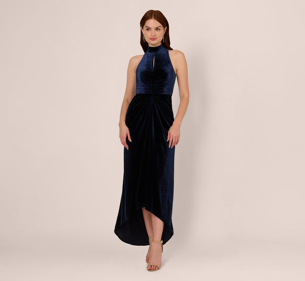 Adrianna Papell Velvet High Low Halter Gown With Cutout Mock Neck In Midnight