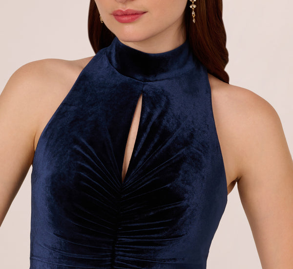 Adrianna Papell Velvet High Low Halter Gown With Cutout Mock Neck In Midnight