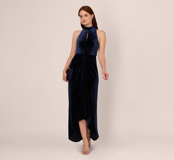 adrianna papell Velvet High Low Halter Gown With Cutout Mock Neck In Midnight