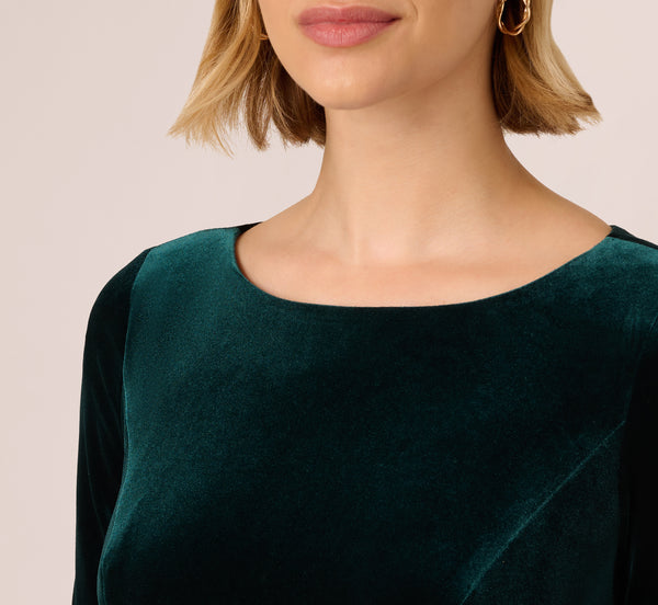 Adrianna Papell Velvet Sheath Dress With Tiered Three Quarter Sleeves In Hunter