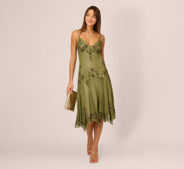 adrianna papell Vintage Beaded Midi Fairy Dress With Sharkbite Hem In Olive