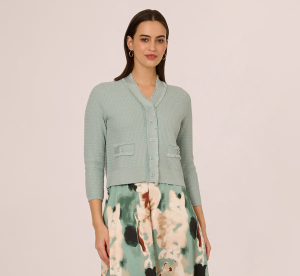 Adrianna Papell Waffle Knit Cardigan Sweater With Frayed Edges In Dusty Seamist