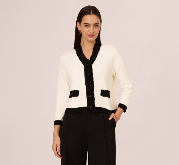 Adrianna Papell Waffle Knit Fringe Trim Cardigan In Ivory Black