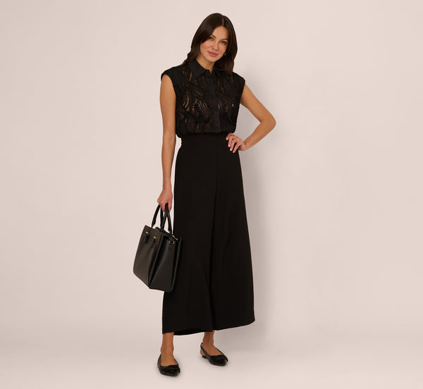 Adrianna Papell Wide Leg Airflow Pant And Sheer Soutache Vest Set In Black
