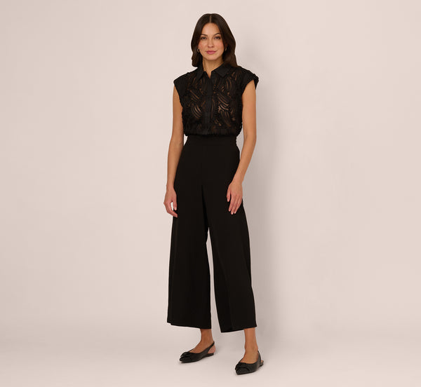 Adrianna Papell Wide Leg Airflow Pant And Sheer Soutache Vest Set In Black