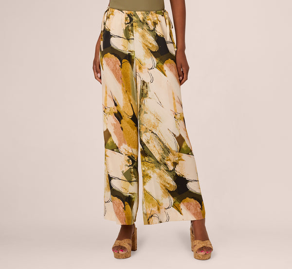 Adrianna Papell Wide Leg Satin Side Tie Pant In Oil Green Goldsmith
