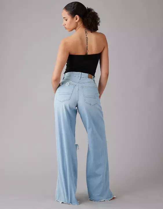 Aeo AE Dreamy Drape Stretch Curvy Super High-Waisted Ripped Baggy Wide-Leg Jean