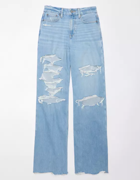 Aeo AE Dreamy Drape Stretch Curvy Super High-Waisted Ripped Baggy Wide-Leg Jean