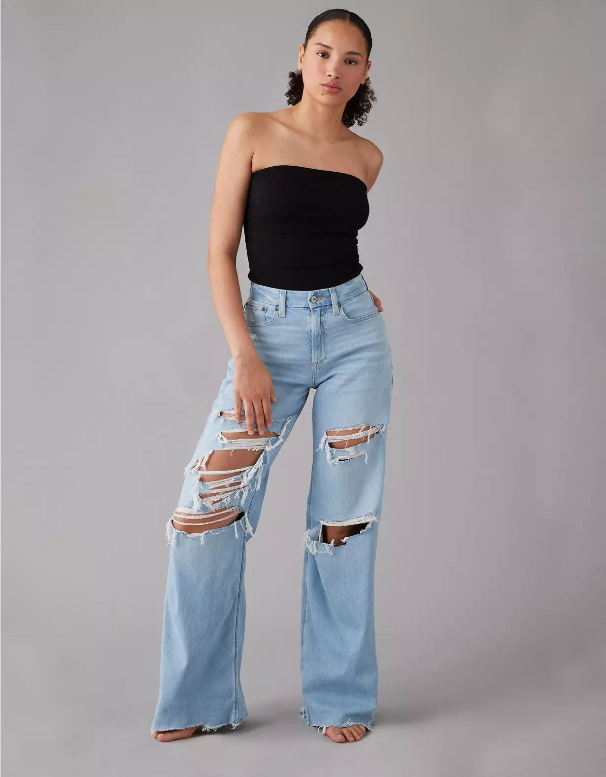 aeo AE Dreamy Drape Stretch Curvy Super High-Waisted Ripped Baggy Wide-Leg Jean