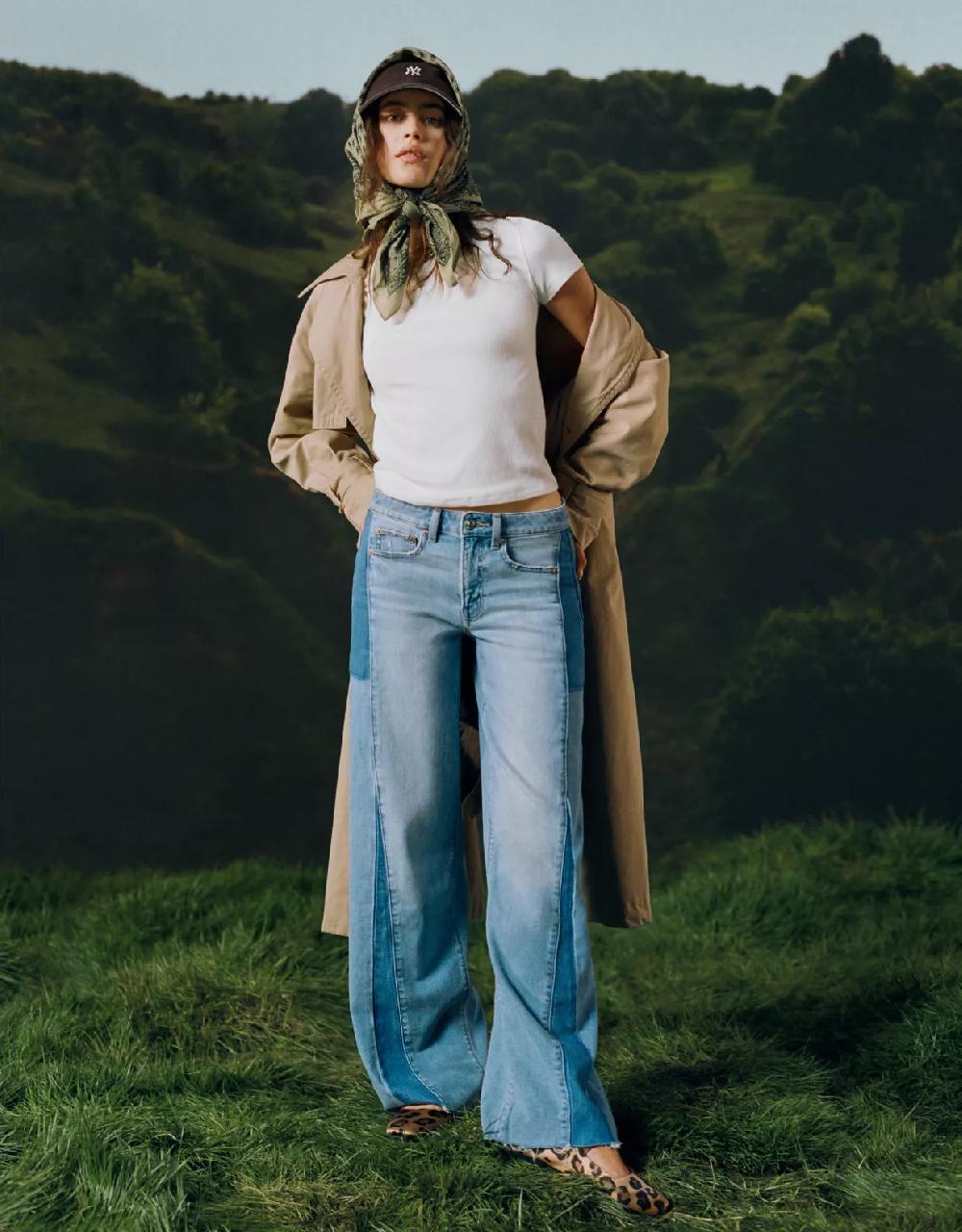 aeo AE Dreamy Drape Stretch Patchwork Low-Rise Baggy Wide-Leg Jean