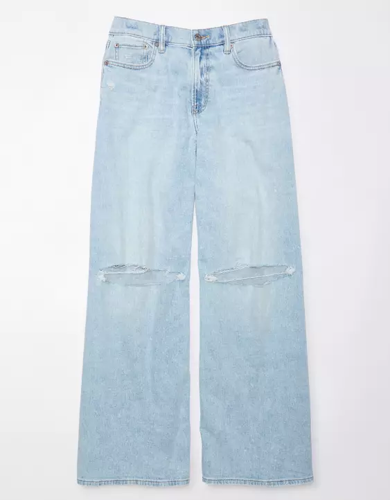 Aeo AE Dreamy Drape Stretch Ripped Baggy Ultra Wide-Leg Super High-Waisted Jean