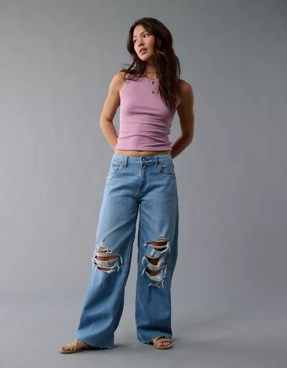 Aeo AE Dreamy Drape Stretch Ripped Low-Rise Baggy Wide-Leg Jean